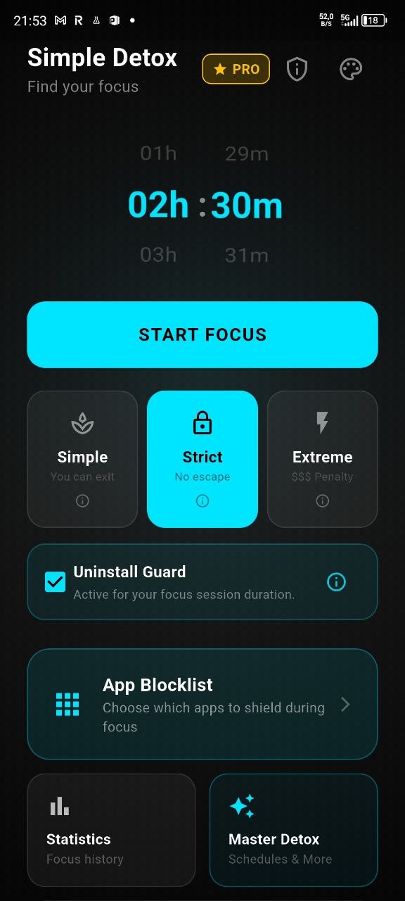 Simple Detox home screen — timer, focus modes, and app blocklist